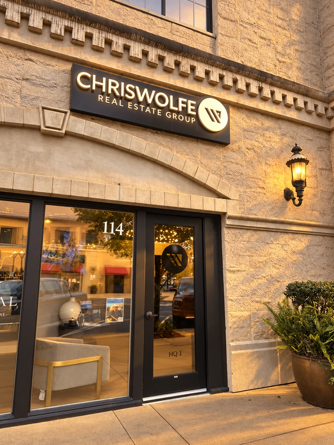Chris Wolfe’s actual El Dorado Hills office exterior with an artistic golden-hour lighting treatment