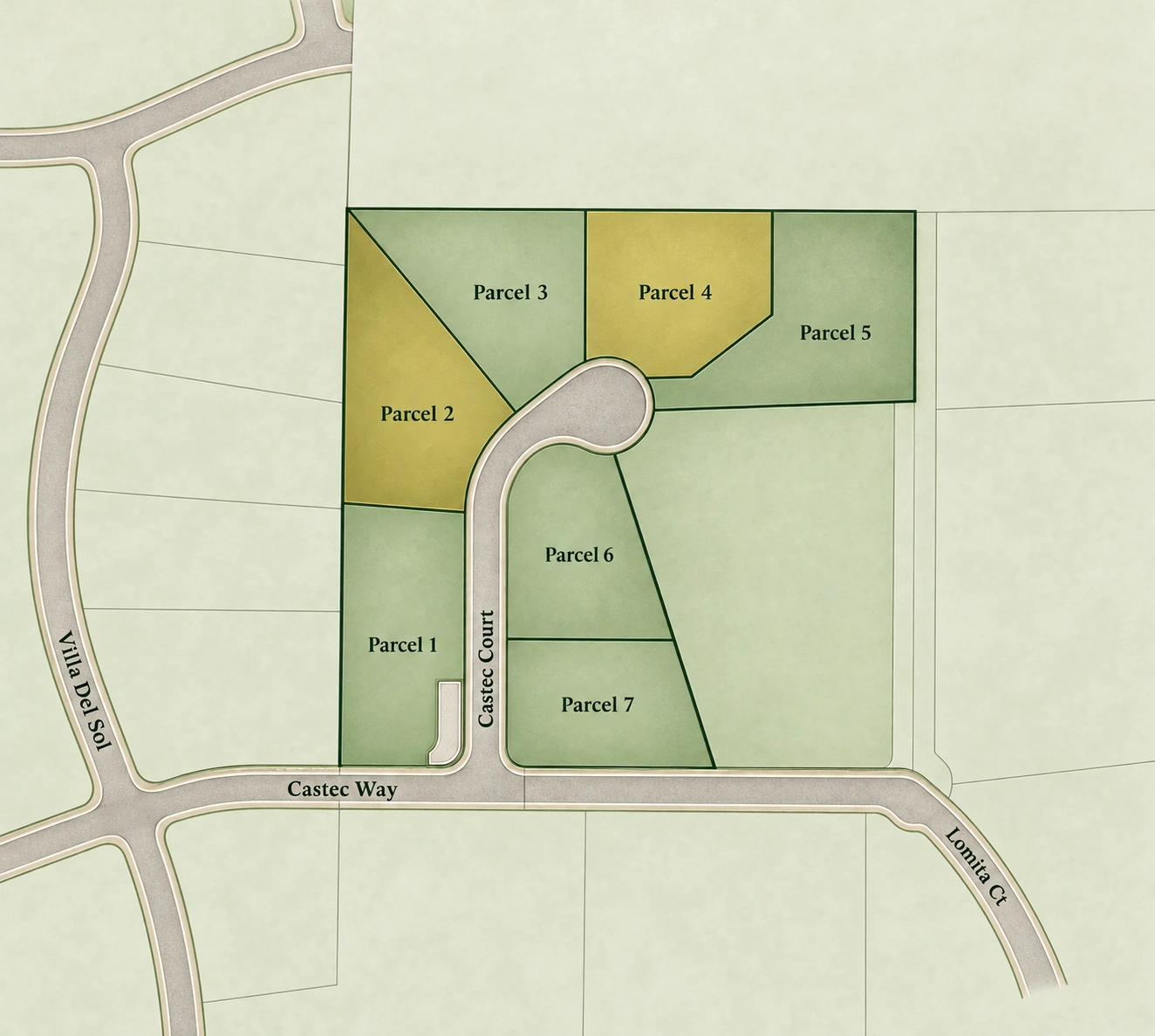 Illustrated Southpointe Meadows map showing Parcel 1 through Parcel 7 and Castec Court, Castec Way, Villa Del Sol and Lomita Ct