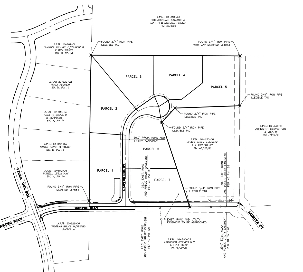 Source subdivision diagram showing Parcels 1 through 7 around Castec Court off Castec Way