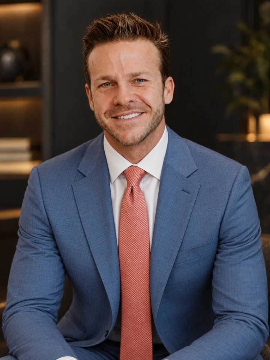 Chris Wolfe, front-facing in his approved blue suit and salmon tie