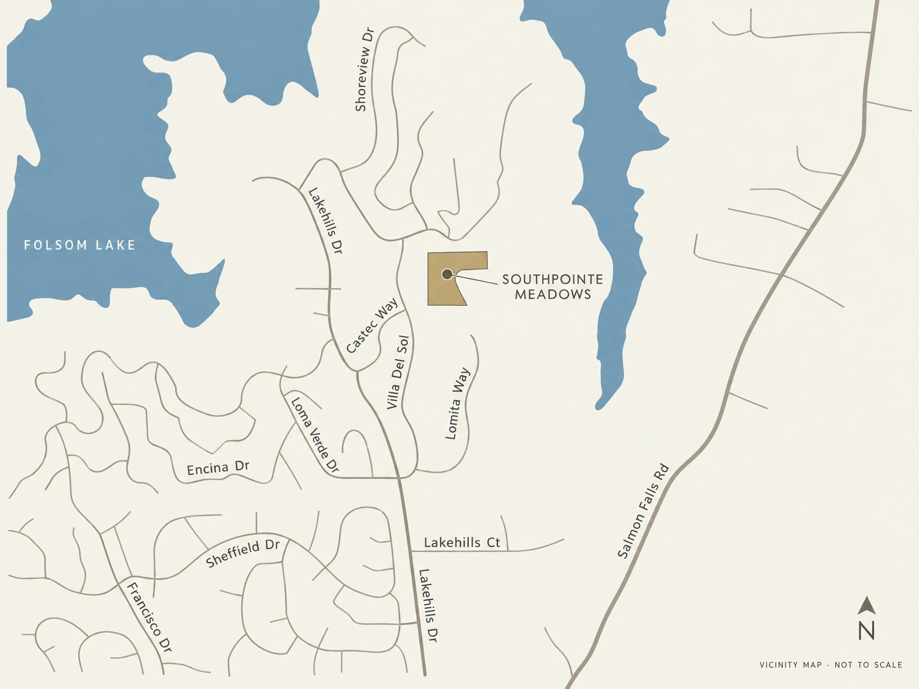 Recreated source vicinity map showing Southpointe Meadows relative to Folsom Lake, Lakehills Drive and Salmon Falls Road